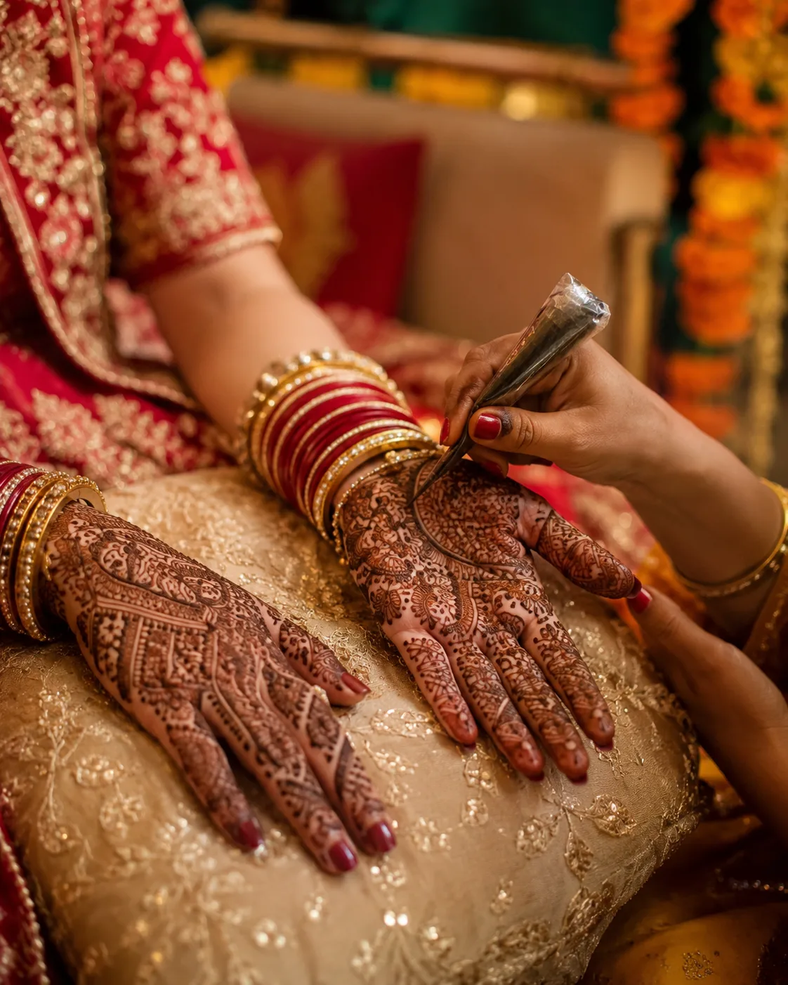 Piya applying bridal henna to a client's hands