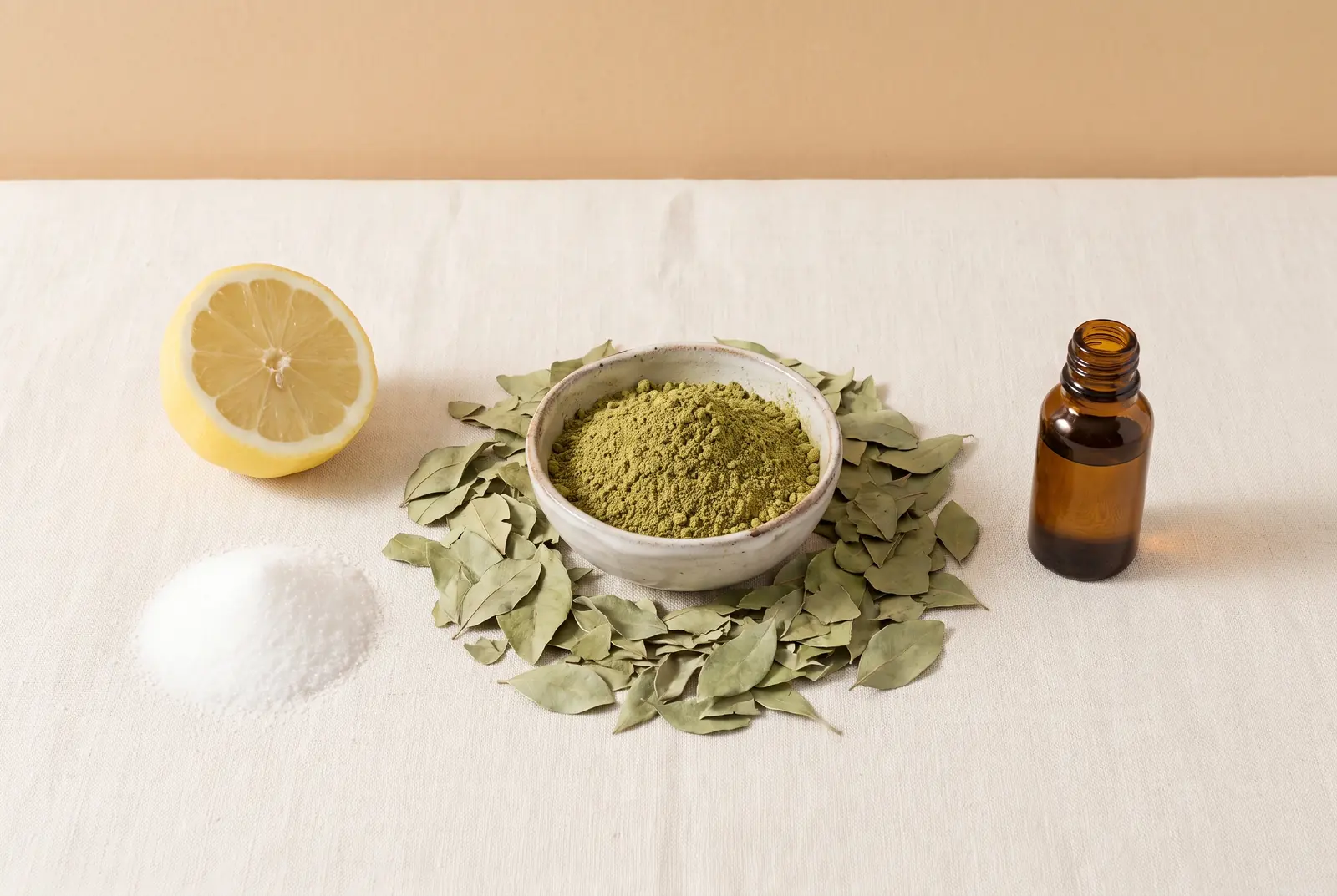 Ground henna powder in a bowl, surrounded by dried henna leaves, beside a lemon, sugar and a bottle of essential oil